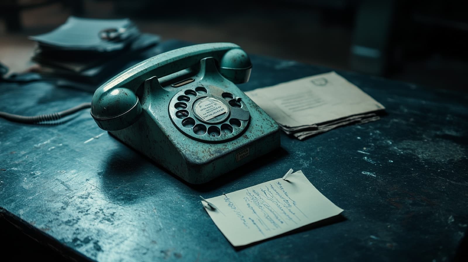 An old rotary telephone on a dark slate table under a single cold light, a handwritten note and a folded case file beside it.