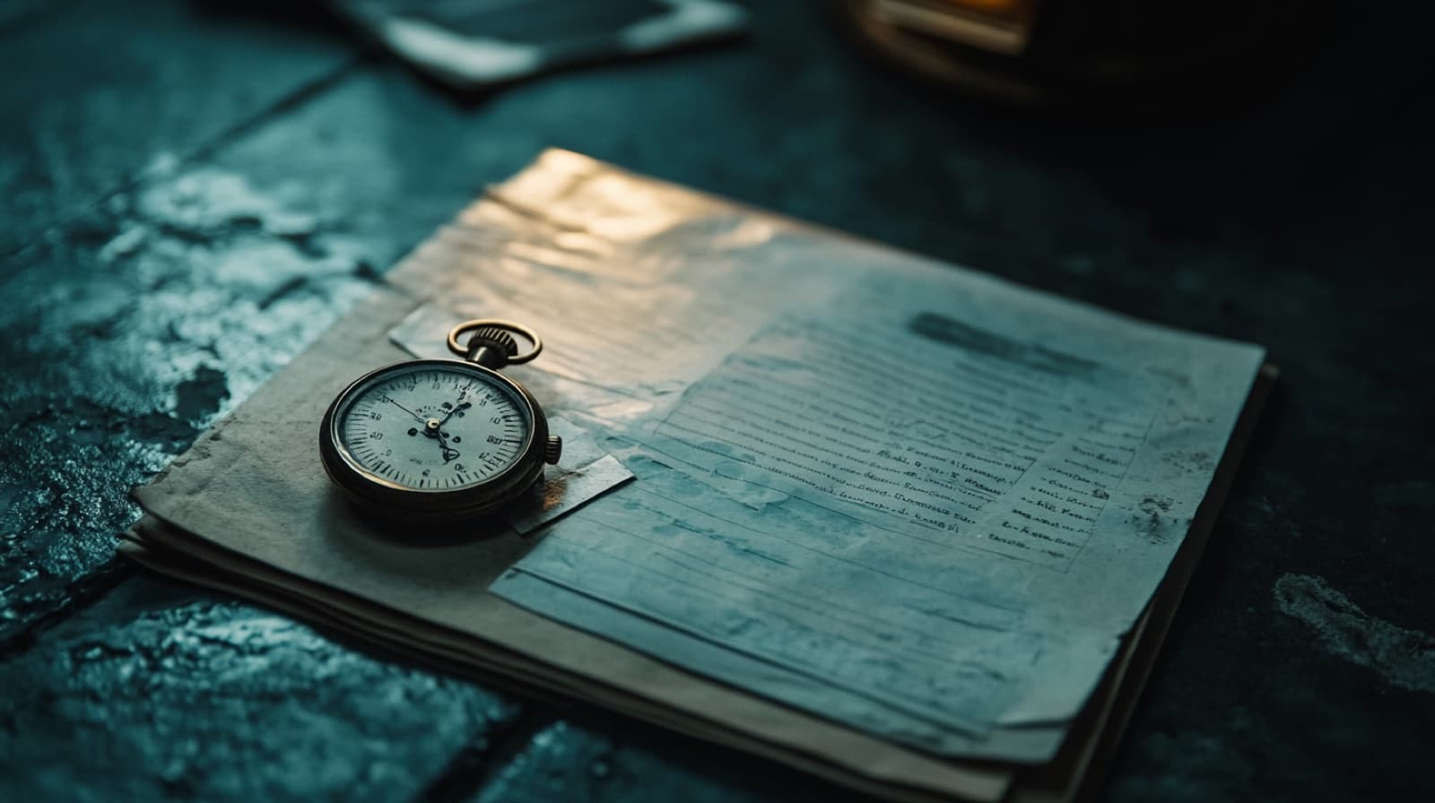 A vintage stopwatch resting on a stack of case-file papers under a cold surgical spotlight.