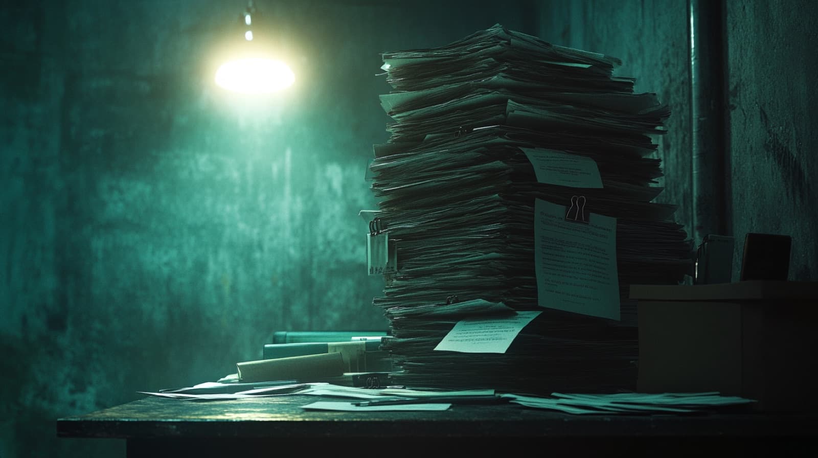 A towering stack of printed press releases clipped and pinned on a dark table under a single hanging lamp.